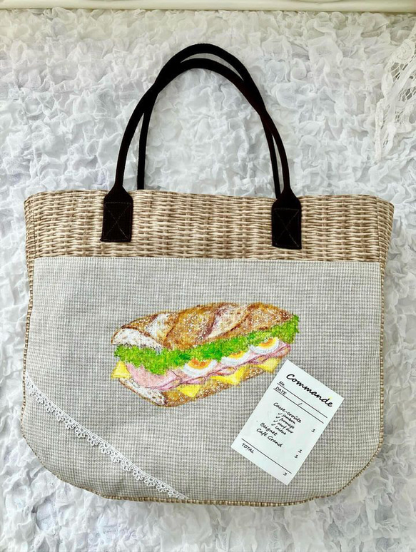 【MIMOSHIGE〜ミモシゲパンバッグ３号】お出かけにぴったり！ハンドメイド 布　バッグ　パン　手描き　　 3枚目の画像