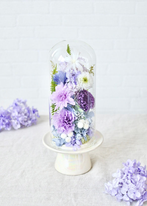 花束のようなガラスドーム 藤色 Lサイズ高さ27㎝ 仏花プリザーブド