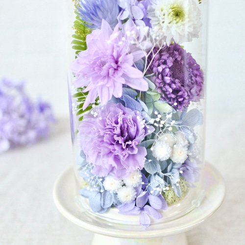 花束のようなガラスドーム 藤色 Lサイズ高さ27㎝ 仏花プリザーブド