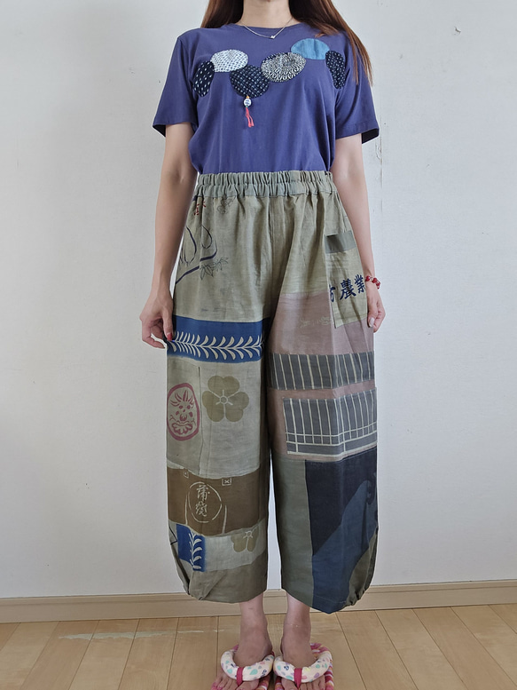 着物リメイク 手作り 手ぬぐい 柿渋、鉄媒染 パンツ キュロット 