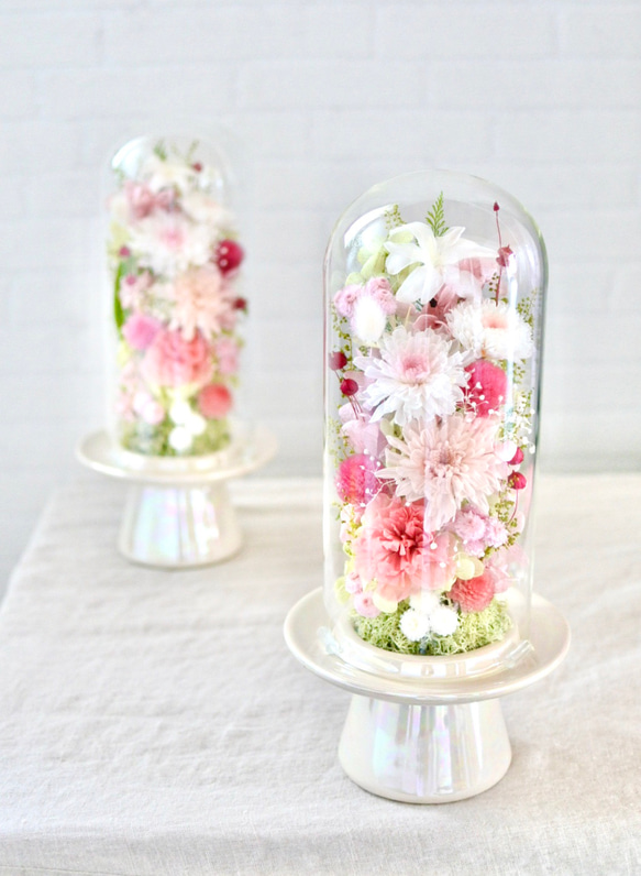 花束のようなガラスドーム Lサイズ高さ27㎝ 仏花プリザーブドフラワー