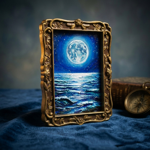油絵 原画『海を照らす蒼き満月』ミニ絵画 ｜ 月 夜空 風景画