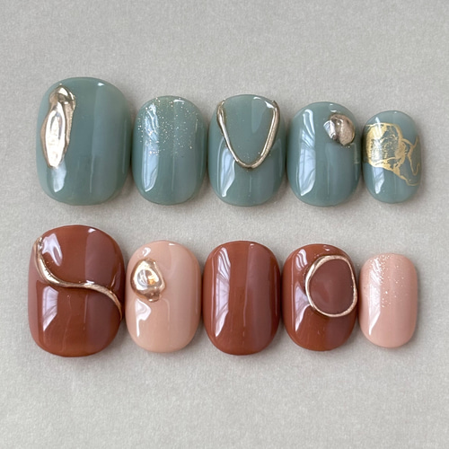 ネイルチップ ブラウンくすみグリーンニュアンスネイル 緑茶色