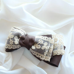 【選べる3色】グログランとレース 刺繍リボンのアーチ型ヘアクリップ バレッタ お呼ばれ 通勤 リボン 母の日 大人 10枚目の画像