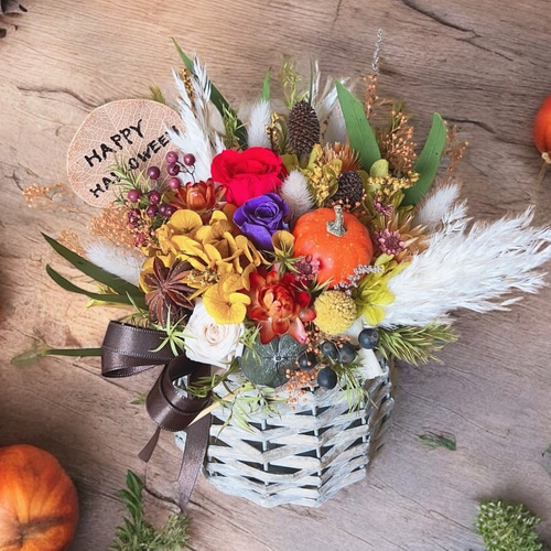 りさ　オルゴナイト　ハロウィンでか耳くま　オレンジプリザードフラワー薔薇 りさ オルゴナイト ハロウィンでか耳くま オレンジプリザード