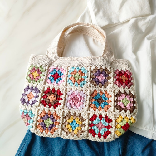 グラニースクエアモチーフバッグ*カラフル/クロシェバッグ トート