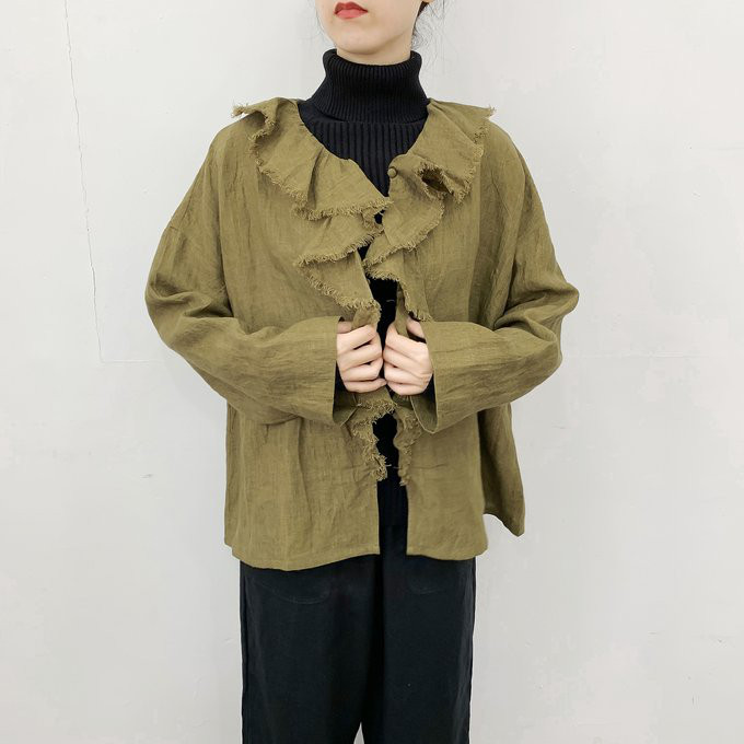 en-enリネン　フリンジ．フリル羽織ブラウス.からし金茶
