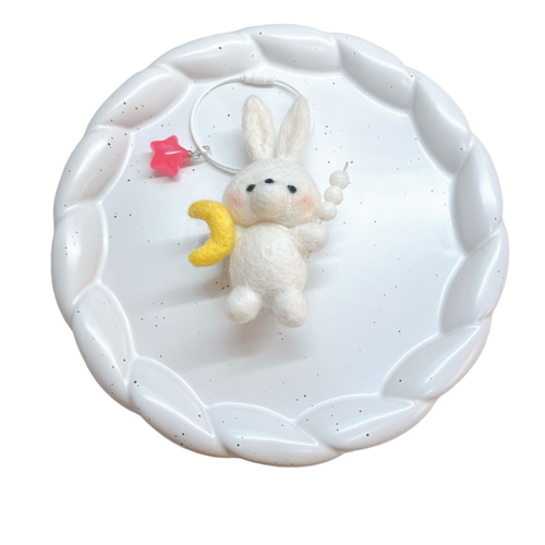 お月見うさぎ キーホルダー (ブルー)】 羊毛フェルト うさぎ