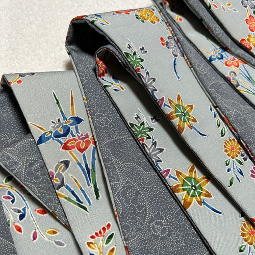 225号 半幅帯 紅型 水色 丹後ちりめん×小紋 グレー 正絹 リバーシブル 
