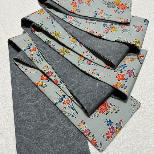 225号 半幅帯 紅型 水色 丹後ちりめん×小紋 グレー 正絹 リバーシブル 