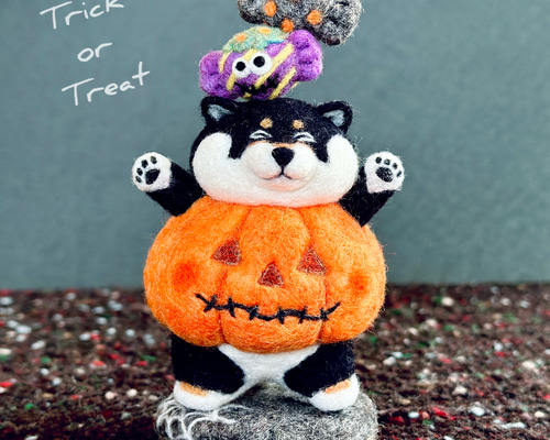 専用ページ　ハロウィンリース　柴犬　羊毛フェルト ジャックオーランタン黒柴犬さんのハロウィン飾り（オマケの