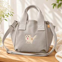 送料無料】驚き猫の刺繍 ポケット付きキャンバス2WAY ミニショルダー