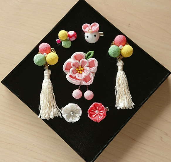《再販》つまみ細工  ♡ハート耳うさぎとまんまる和玉♡ ♪被布飾り&ふっくらお花の髪飾り♪ 七五三  初節句 3歳 17枚目の画像