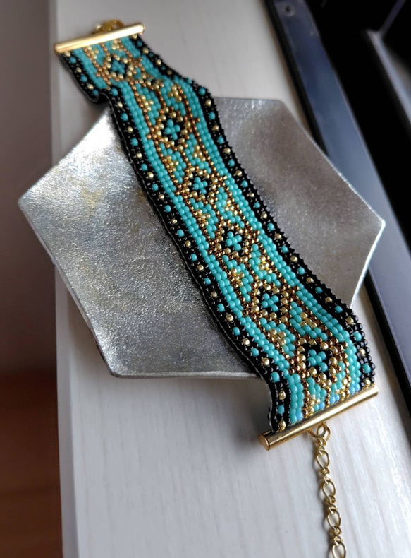ビーズ織りブレスレット ターコイズブルー アラビアン風【送料無料
