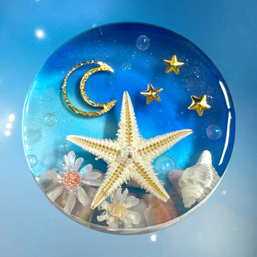 海ブルー ヒトデ レジンヘアゴム グレッシュブルー貝殻とヒトデ✮海