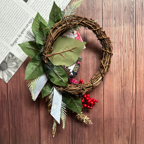 No.77 南天と紅白椿のお正月リース2025 ハンドメイドお正月飾り玄関