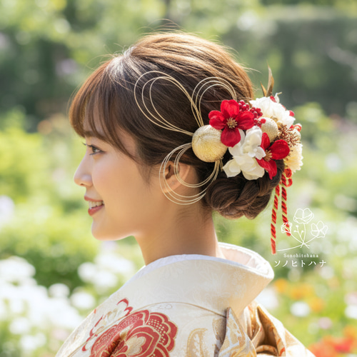 赤白　和装髪飾り　成人式髪飾り　着物髪飾り　振袖髪飾り　結婚式髪飾り　花嫁髪飾り 成人式・卒業式・結婚式】赤×白 和紐の髪飾り｜振袖・袴・和装に KA