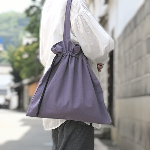 大人カラーの巾着バッグ（大)ショルダータイプ☆パープル