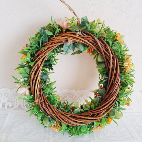 受注制作品】オレンジ色のバラと金木犀リース 約25cm 造花 ナチュラル