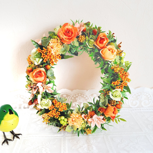 フラワーリース］オレンジとジニアの紫陽花リース/プリザーブド