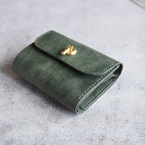 三つ折り財布 本革 ｲﾀﾘｱﾝﾚｻﾞｰ 【オコシ金具】 MossGreen モス