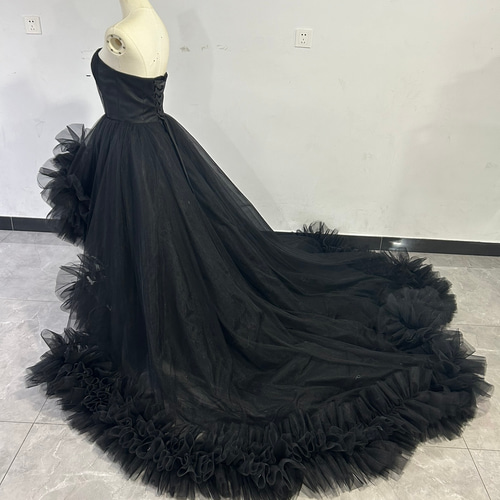パーティードレス ブラック 取り外しオフショルダー ラッフルフリル  