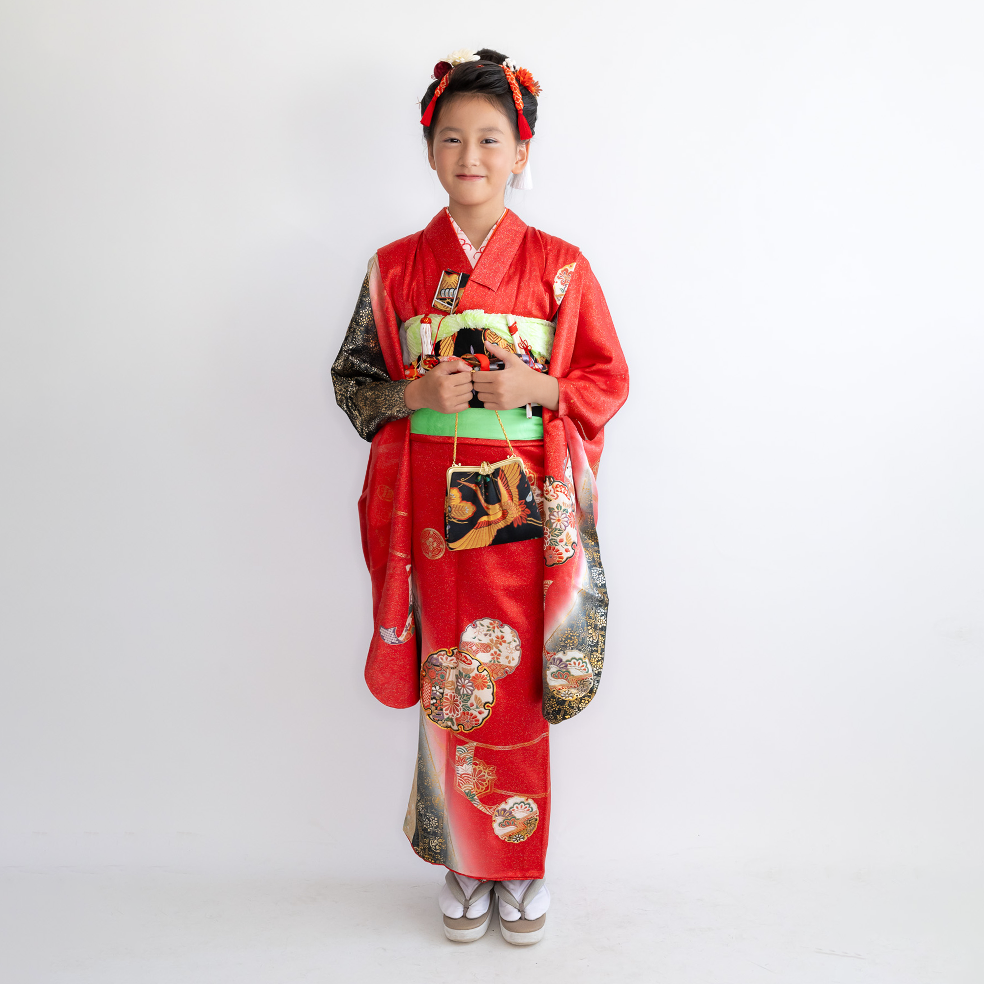 【らふりじー顧客様専用】レンタル振袖（四つ身）A/ヴィンテージ赤/七五三7歳着物/二分の一成人式振袖15点フルセット