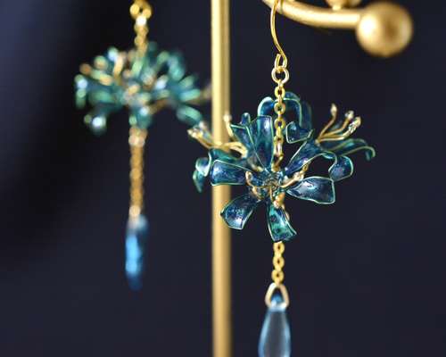 りん5　　イヤリング3点　彼岸花4輪　赤　彼岸花4輪　青　　紫陽花ロング りん5 イヤリング3点 彼岸花4輪 赤 彼岸花4輪 青 紫陽花ロング 青