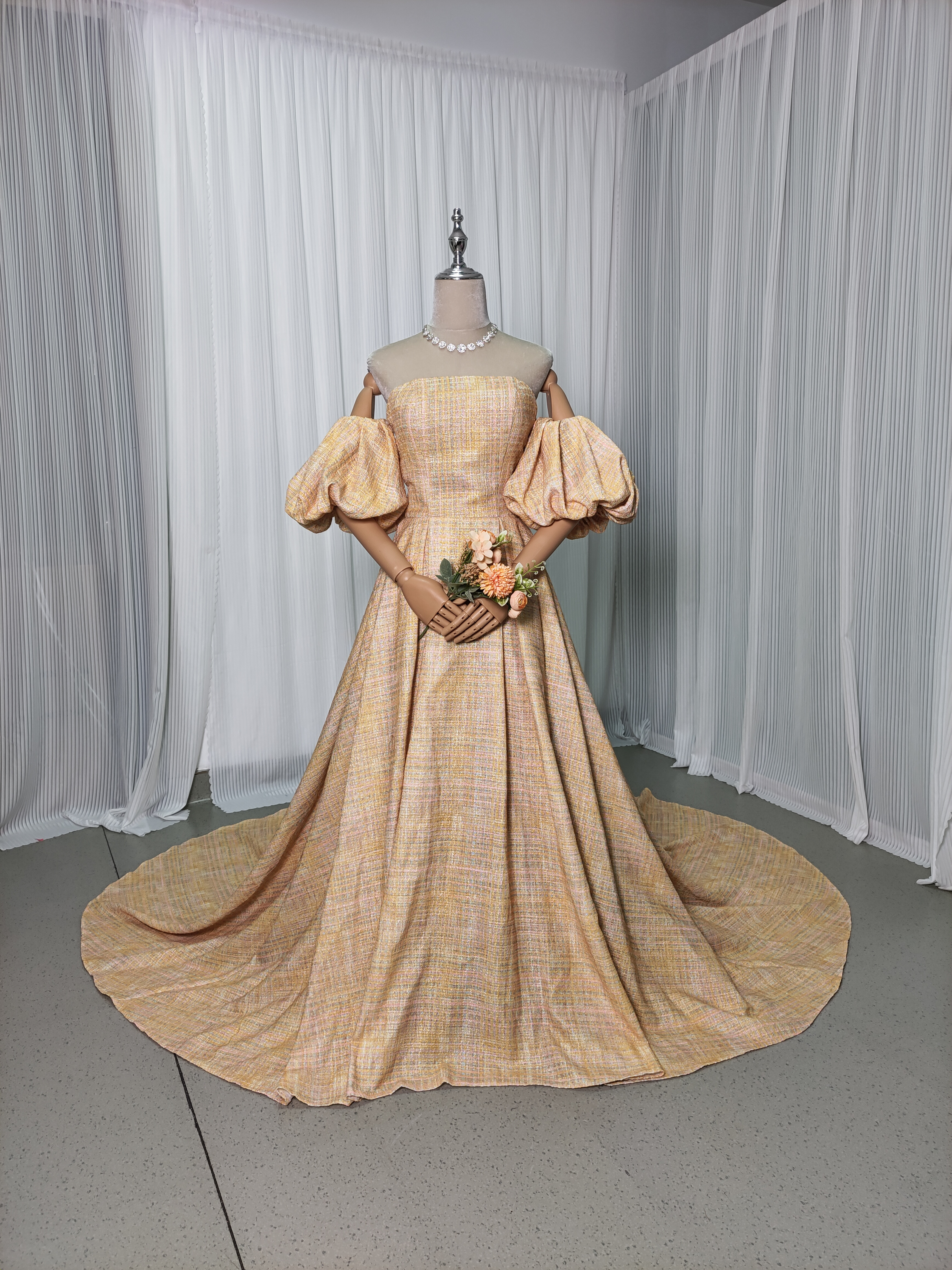 送料無料！人気上昇！カラードレス パーティードレス イエロー ツイードドレス パフスリーブ ファスナー 前撮り