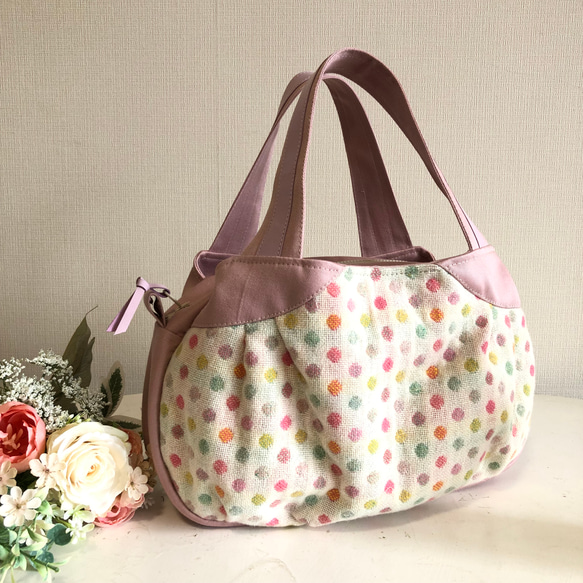 ラウンドバック カラフルドットウール あおりタイプ トートバッグ  