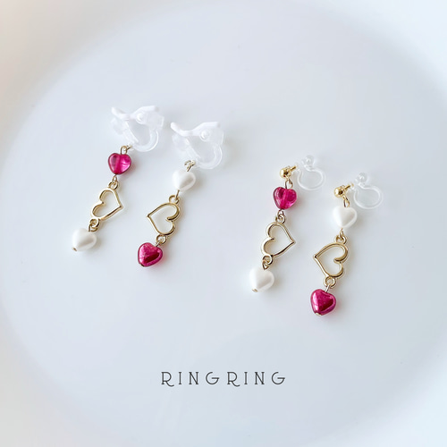 子供 ビーズ イヤリング ♡ハート3連♡♡♡ 子供 ビーズ イヤリング ♡ハート3連♡♡♡