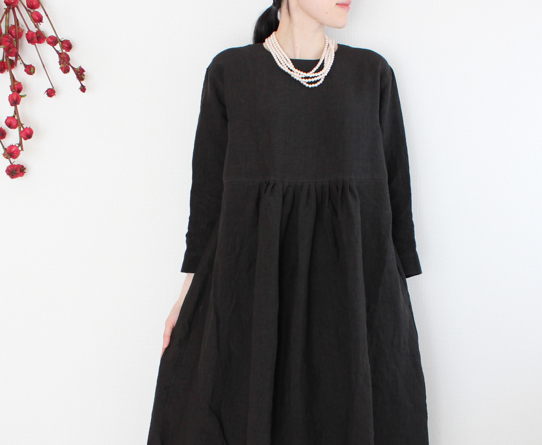 小さなタックの大人可愛いワンピース【選べる着丈】【上質リネン100