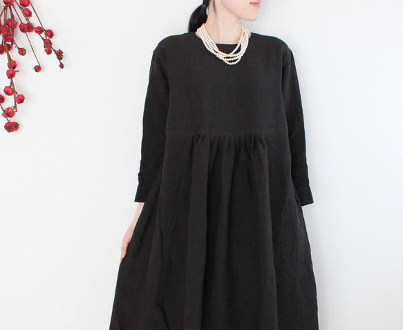 小さなタックの大人可愛いワンピース【選べる着丈】【上質リネン100