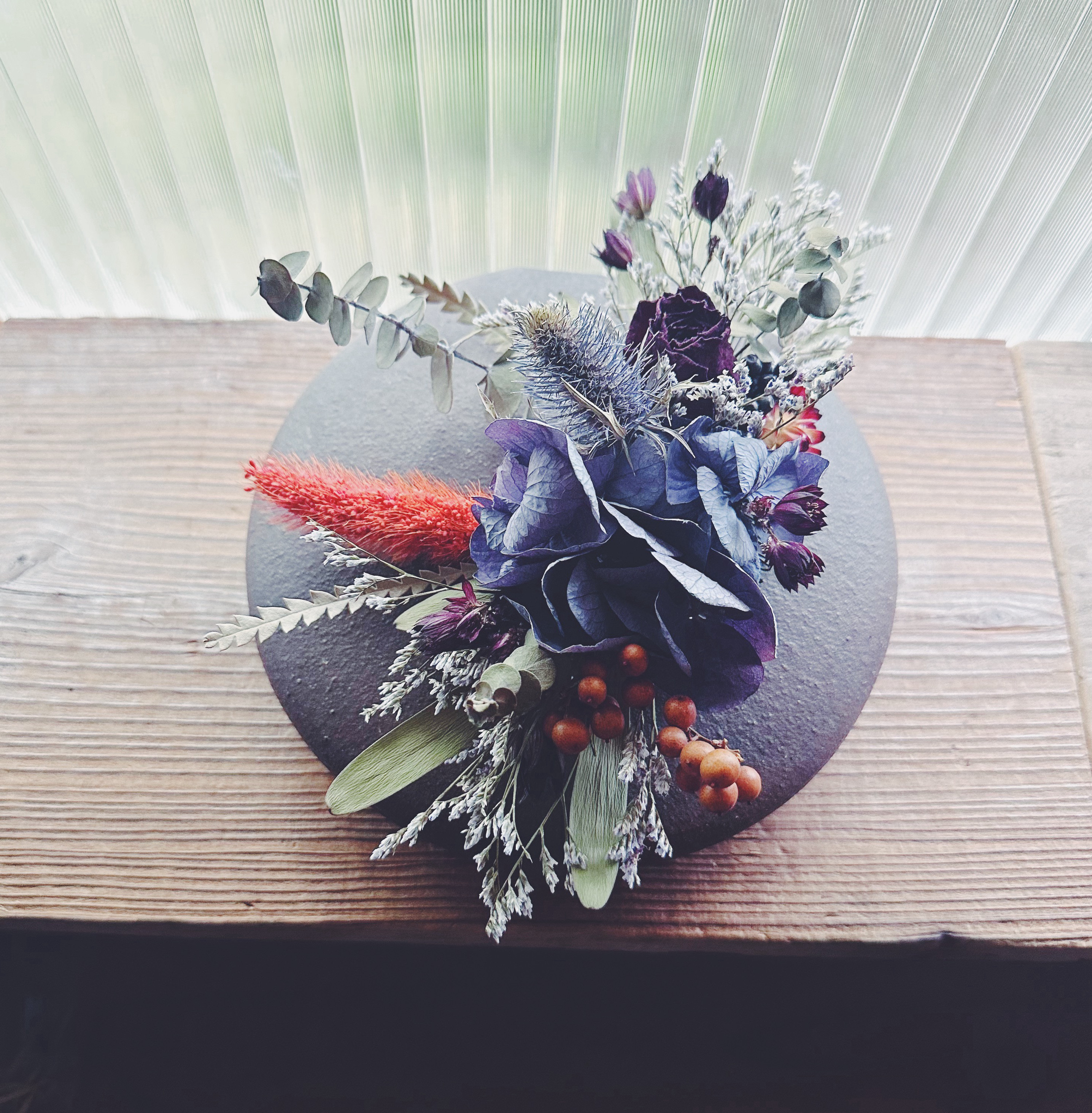 89 Dried flower comb / Bluepurple × orangeフラワーコーム　青紫 × オレンジ