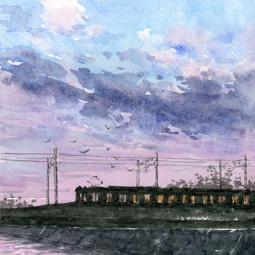 水彩画原画 江ノ電・夕暮れの境川橋梁を渡る ＃646 絵画 syoumei