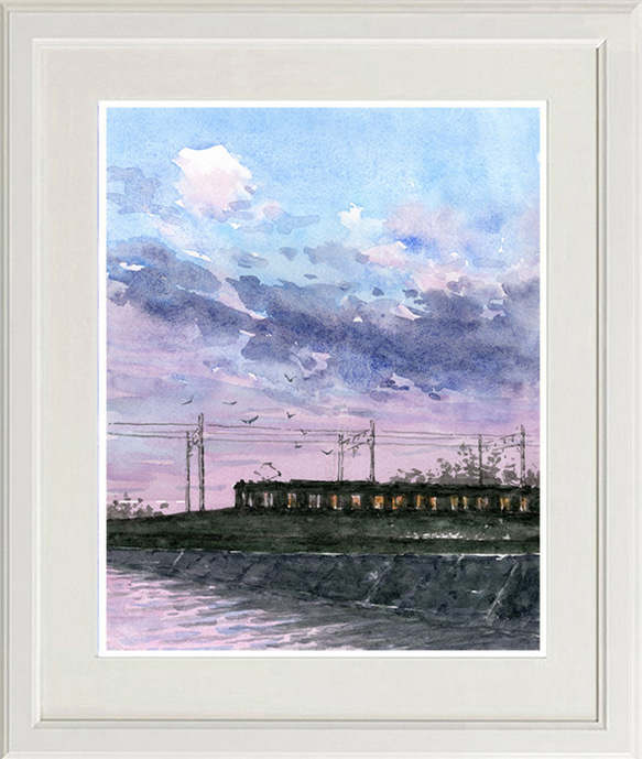 送料無料 ギフト 水彩画原画 江ノ電・夕暮れの境川橋梁を渡る ＃646 絵画 syoumei 絵画+タペストリー
