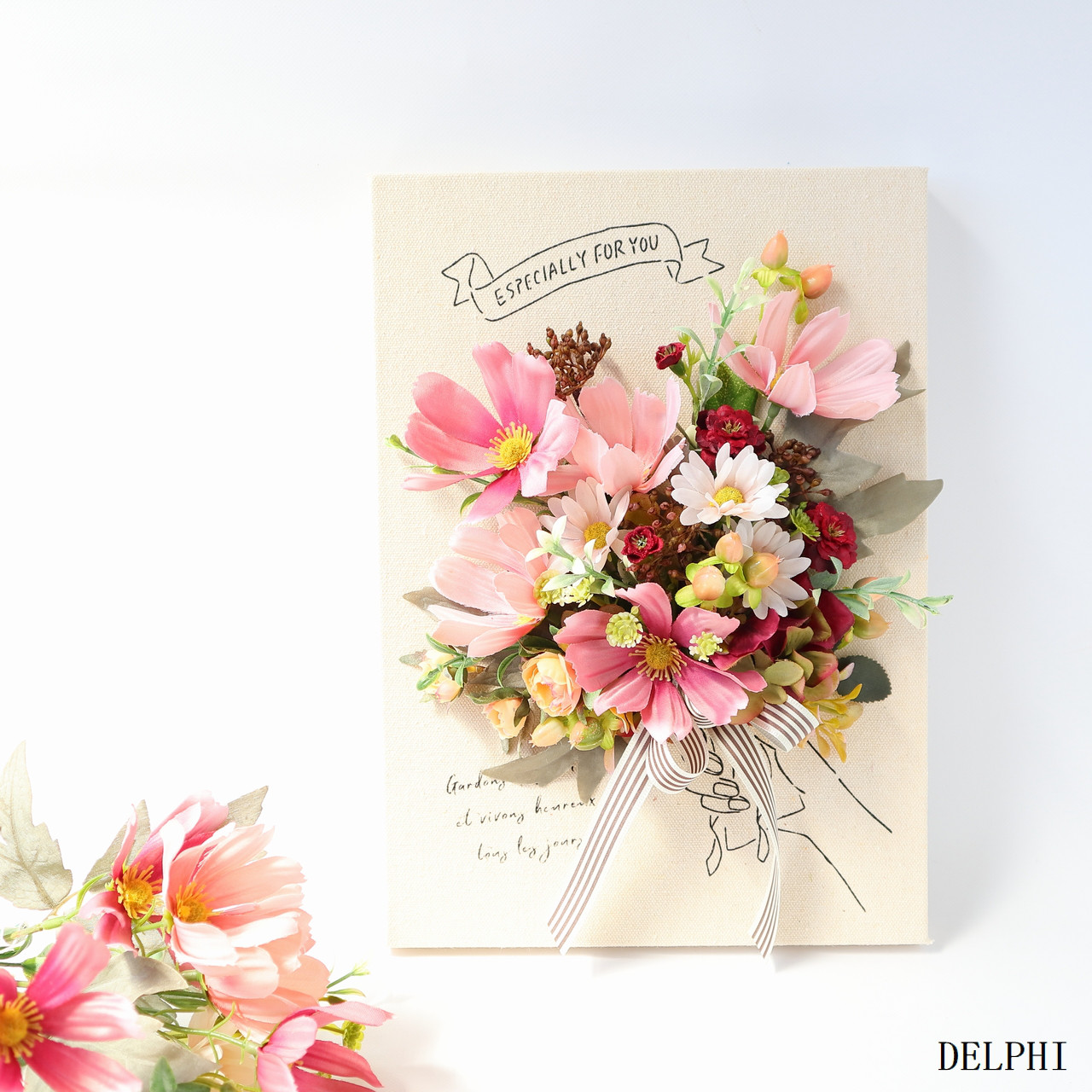 コスモスのキャンバスボードアレンジ（モーヴ）【アーティフィシャルフラワー/造花】秋桜　ブーケ　花束　壁掛け