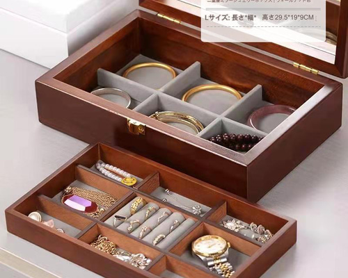 木製 ジュエリーボックス アクセサリー収納 鏡付き 大容量 木製 内側に化粧鏡付きアクセサリーボックス 大容量スペース