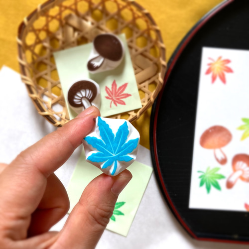 消しゴムはんこ No.299 ちびうさと秋の収穫 秋の味覚きのこのはんこセット（9月10月の消しゴムはんこ） はんこ