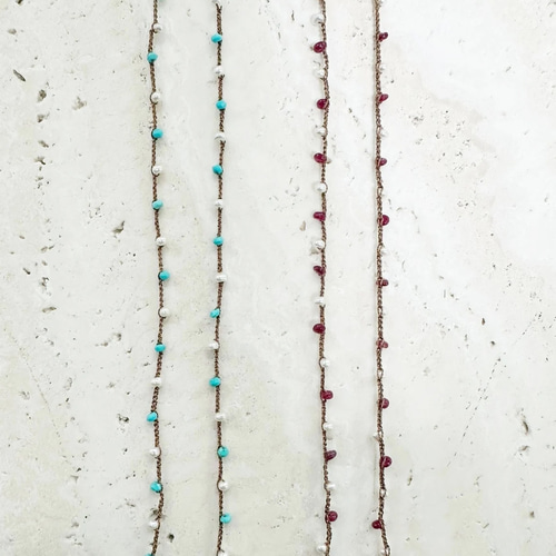 淡水パール ターコイズ ジェムストーン シルクコード かぎ針編み