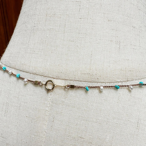 淡水パール ターコイズ ジェムストーン シルクコード かぎ針編み