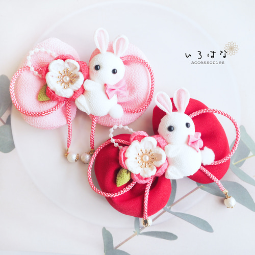 花とうさぎ リボンの髪飾り 七五三 ひな祭り 赤色 ヘアクリップ 和風 M