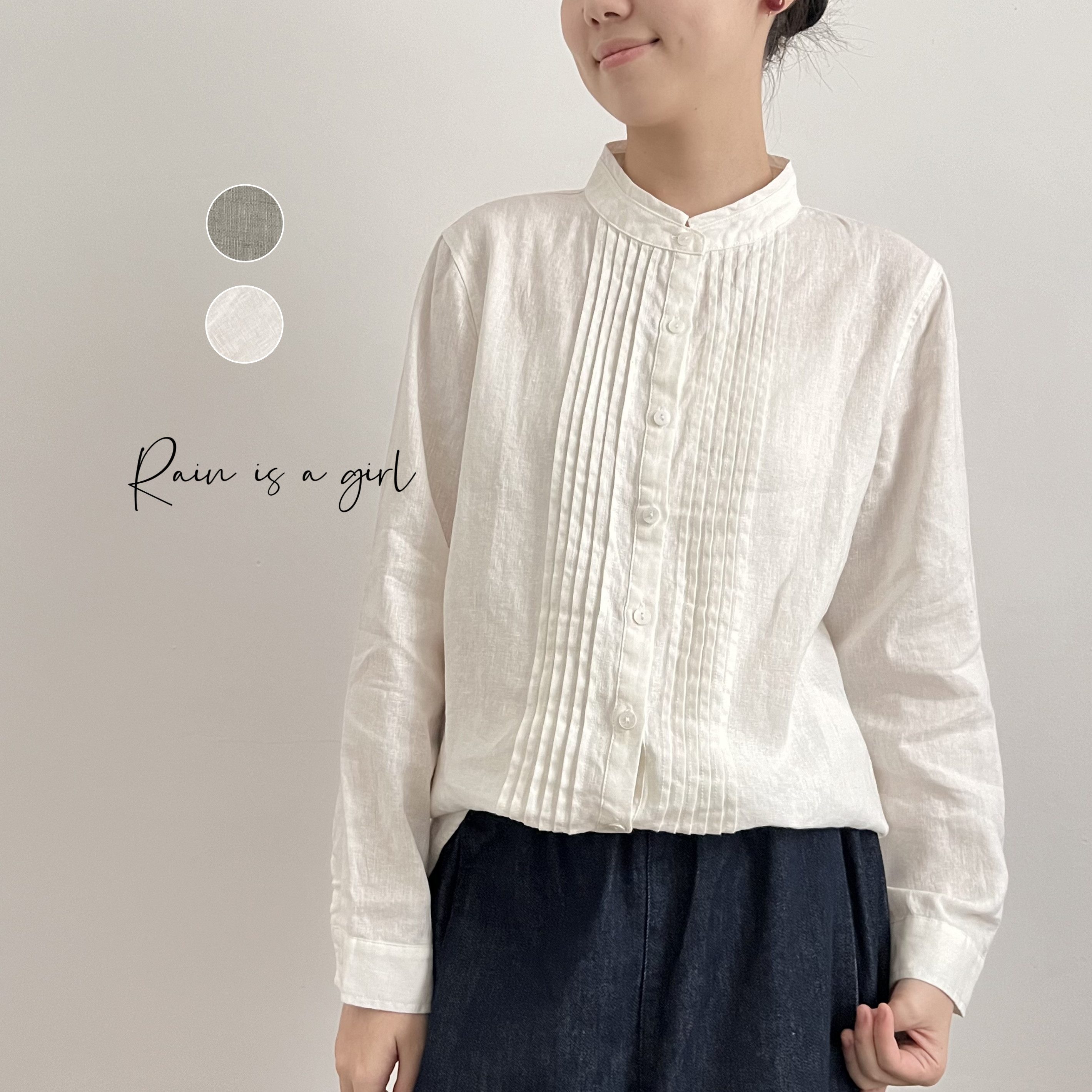 【リネン100%★ベーシック長袖シャツ】丸ネック│プリーツデザイン│オールシーズン対応│通勤トップス│T-161XQN