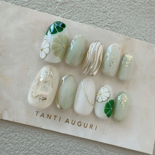 清楚 緑 成人式 ネイルチップ 和風 振袖 前撮り ピスタチオグリーン