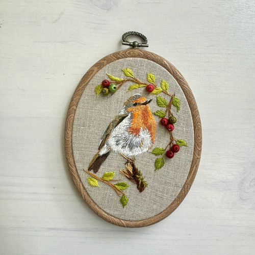 1点もの ヨーロッパコマドリ ロビンと木の実たち 手刺繍mini  