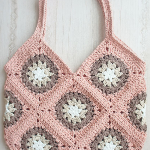 コットン糸使用♡かぎ針編みモチーフバッグ（ピンク） かぎ針