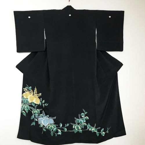 ロングジレ【 着物リメイク 】黒留袖*金銀刺繍*緑 ボタニカル ロングジレ【 着物リメイク 】黒留袖*金銀刺繍*緑 ボタニカル