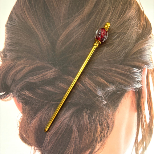 かんざし 赤いあわ玉とんぼ玉 一本挿し 一本簪 レッド 秋 紅葉