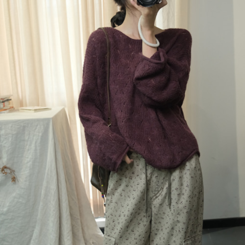 新作. 2色 コットンニット 綿ニットセーター 手編み ゆったりセーター  