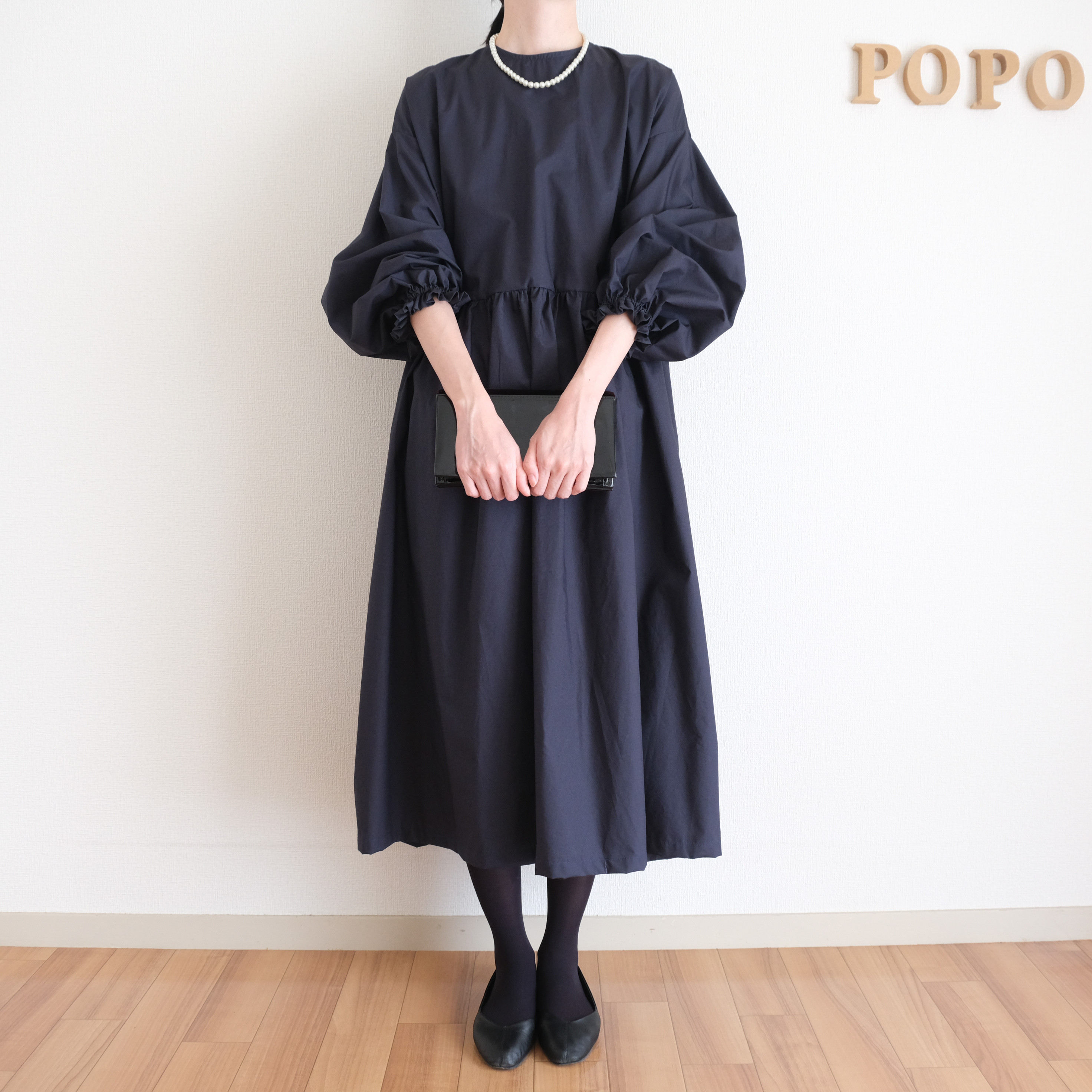 【5日以内発送】洗えるノーカラー袖口フリルワンピース　体型カバー　ネイビー(濃紺)　フォーマルや普段着にも○
